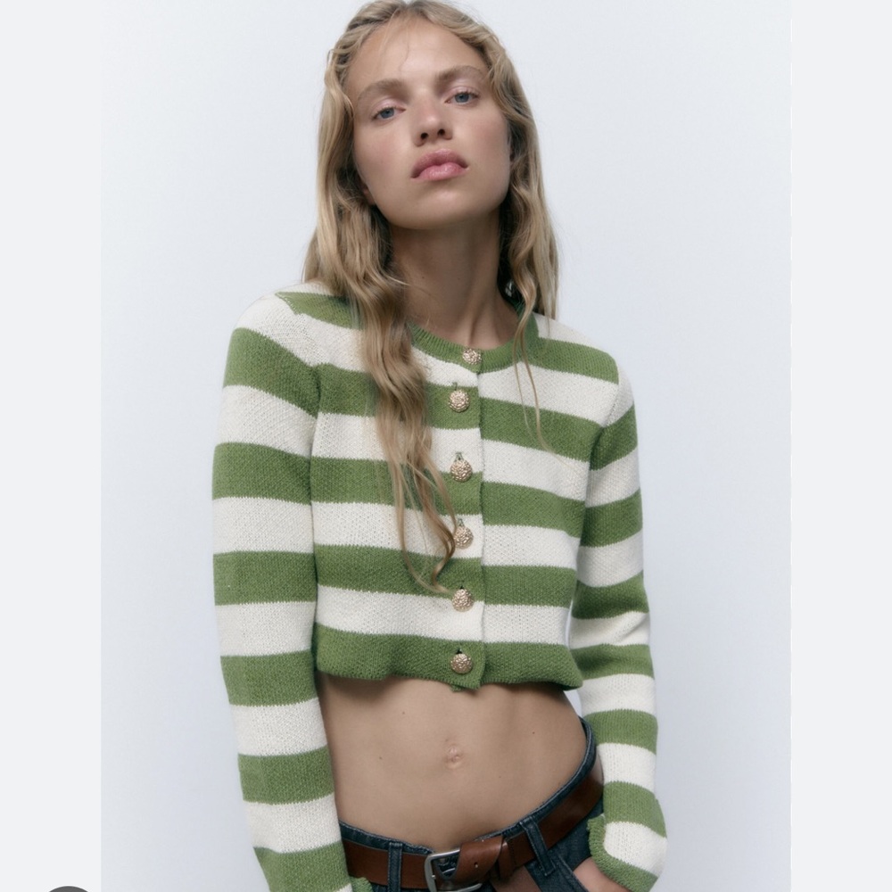 Zara GOLD BUTTON STRIPED KNIT CARDIGAN